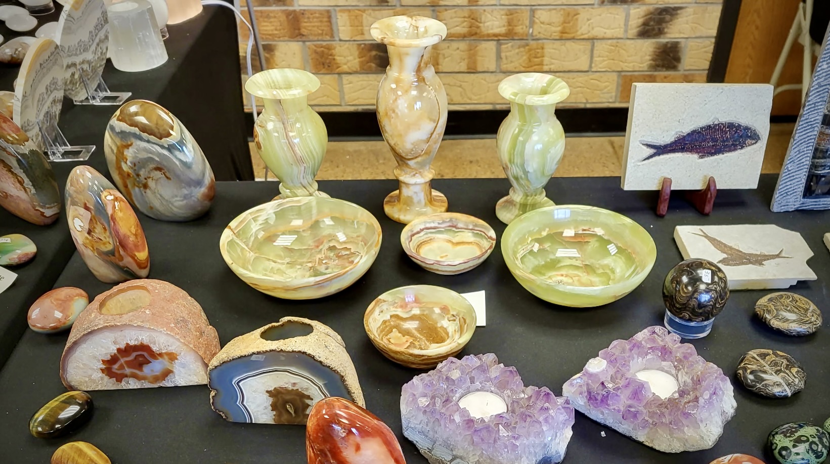 vases, bowls and candleholders made from rocks or minerals